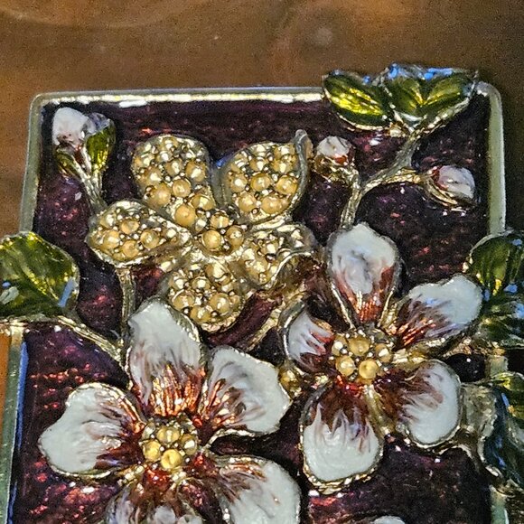 RARE JAY STRONGWATER MAROON DOGWOOD FLOWER VANITY MAKEUP ENAMEL MIRROR - Picture 2 of 12
